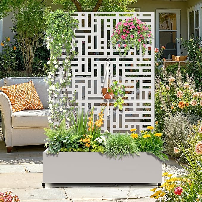 Metal Raised Garden Bed with Trellis, 2-in-1 Planter Box & Privacy Screen for Climbing Plants, Outdoor Standing Flower Bed with Drainage Holes, 47.2" L x 16.7" W x 70.8" H, White-Helen