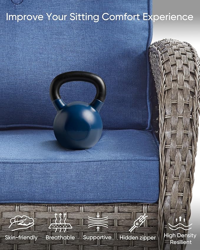 HUMMUH 3 Piece Outdoor Rocking Chairs Bistro Set-All Weather Wicker Outdoor Swivel Chairs Set of 2 with Side Table Small Patio Furniture Set for Deck Lawn Porch Balcony Poolside-Grey/Blue