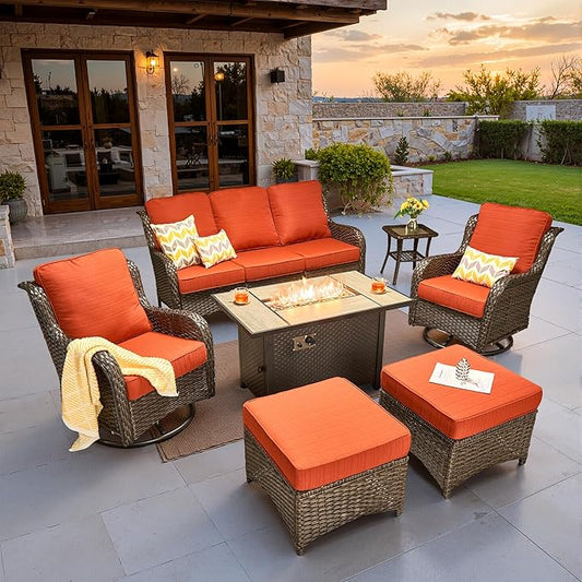 ovios 7 Pieces Patio Furniture Set, Outdoor Wicker Sofa Couch with Swivel Chairs 42" Fire Pit Table, High Back All Weather Modern Conversation Sets, Brown Rattan, Orange Red