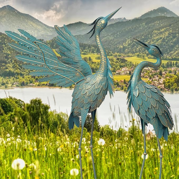 Crane Statues for Outdoor, Metal Heron Garden Statues Bird Yard Art, Standing Sculptures for Yard Lawn Pond Garden Decor, 38-42 Inch Set of 2, Cyan