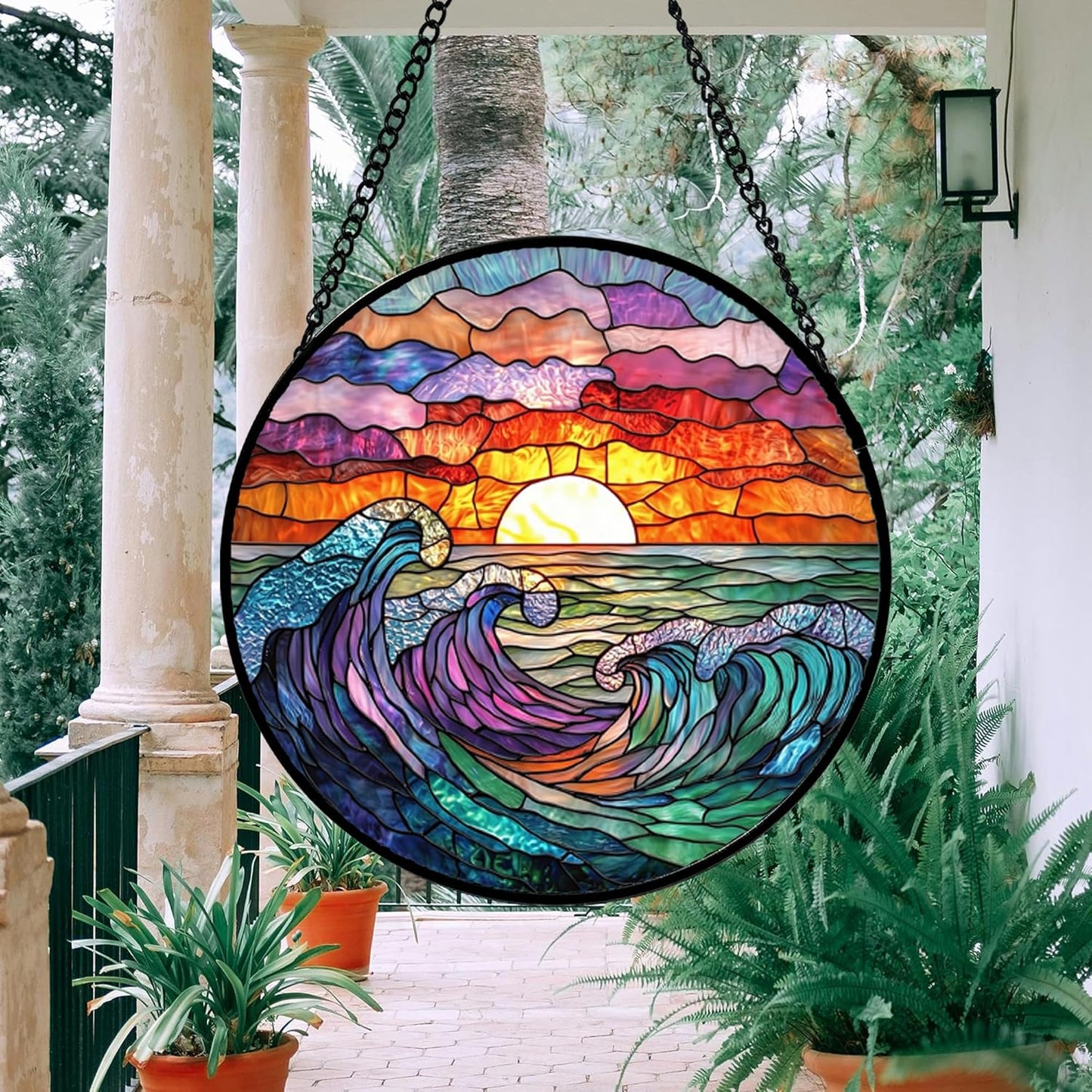 Stained Glass Window Hanging, Clouds and Sea Waves Suncatcher Diamond Glass Panel Hangings Scenery Sun Catchers Decor for Birthday for Women, Men, Wife, Aunt, and Mom 14.9 in