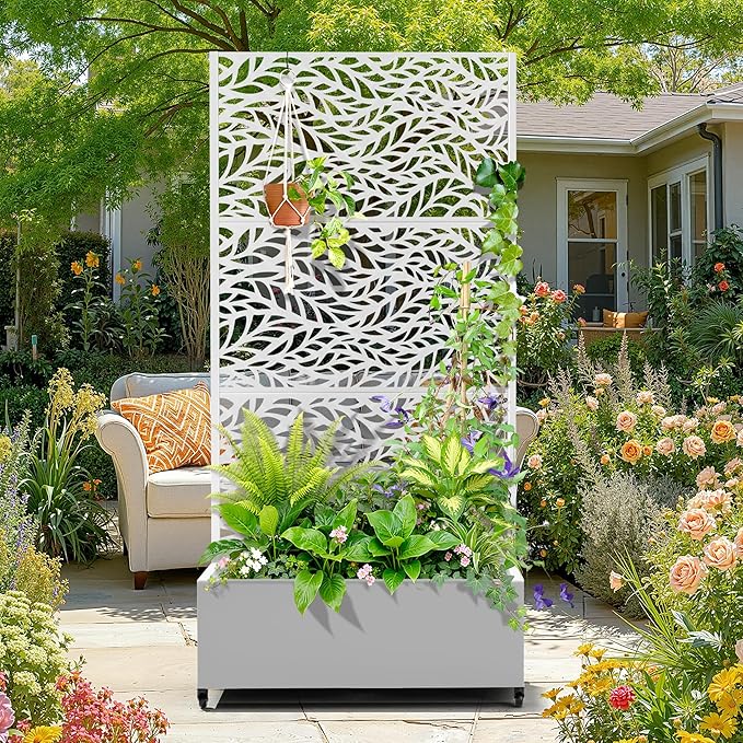 Metal Raised Garden Bed with Trellis, 2-in-1 Planter Box & Privacy Screen for Climbing Plants, Outdoor Standing Flower Bed with Drainage Holes, 35.4" L x 15.7" W x 70.1" H, White-Spring