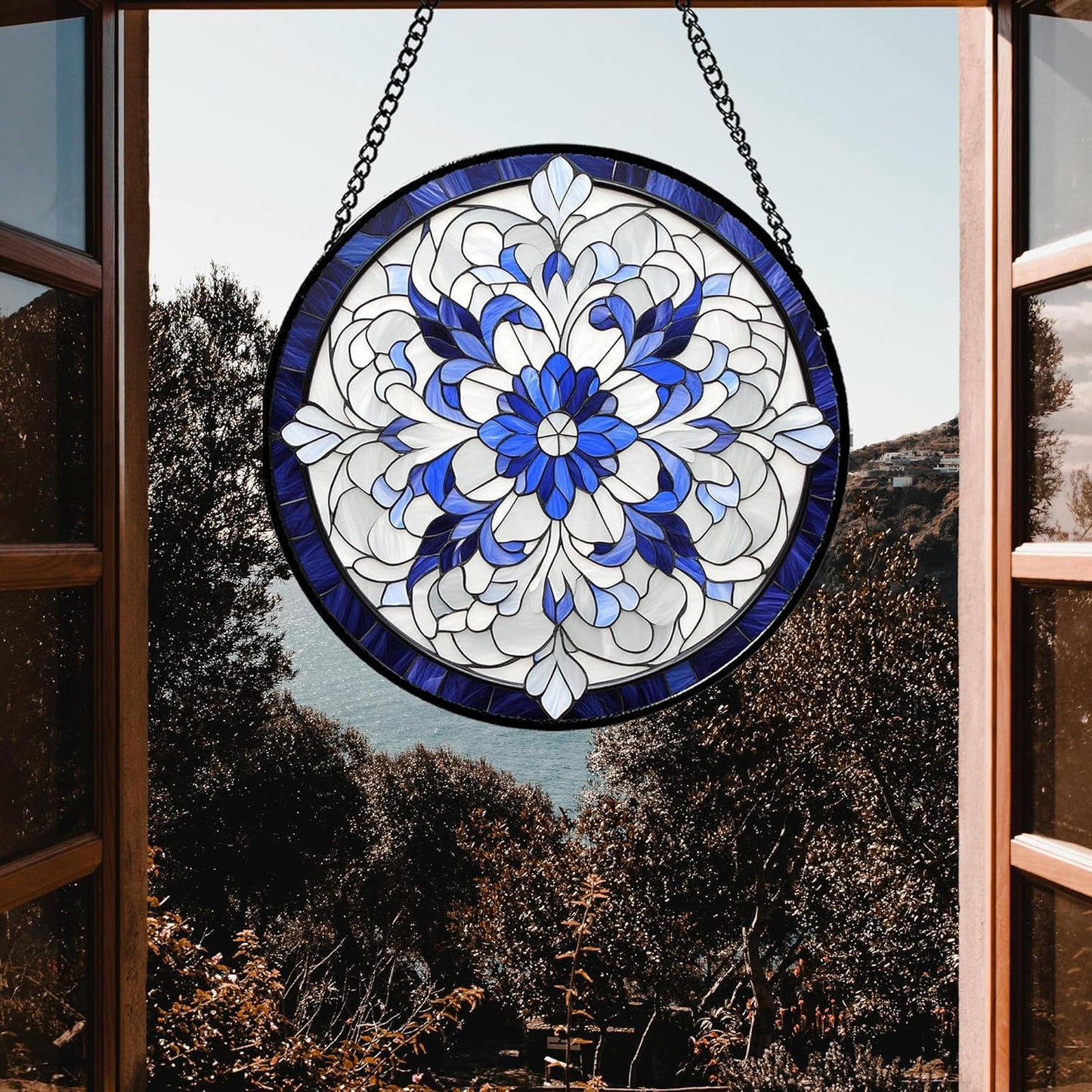 Stained Glass Window Hanging - Blue White Boho Flower Suncatcher for Door Garden Yard Sun Catchers Decor Christmas Mother's Day Birthday Gifts for Women Mom Nana Friend Teacher 15 in