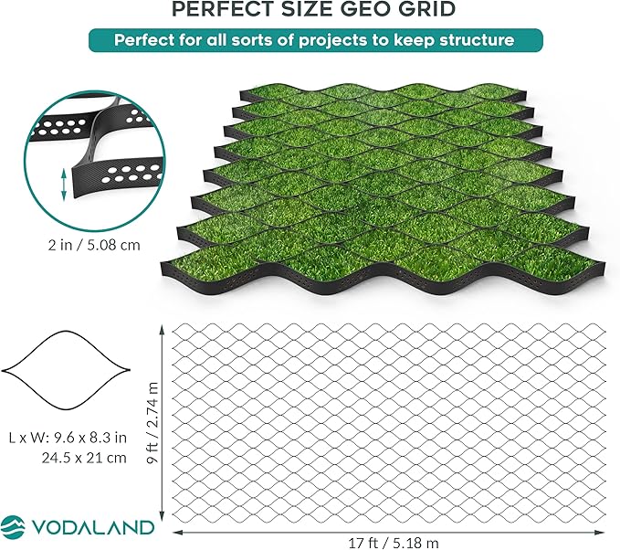 Vodaland - 2" GeoCell - 100% Permeable for Walking Paths, Patios and Erosion Control, Size 9 ft x 17 ft Black