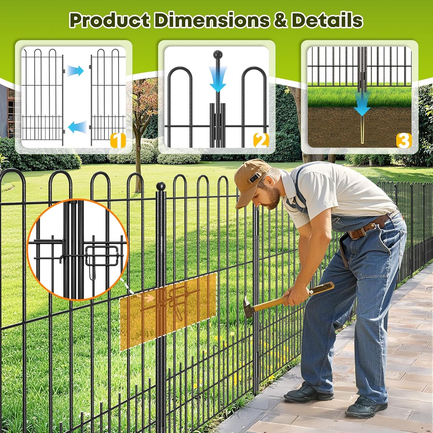 10 Panels Garden Fence with Latch Gate, 39.51in (H) X 23.08ft(L) Animal Barrier Fence with 1in Gaps for Rabits, Tall Dog Fencing Outdoor for Yard, Flower Beds, Patios, Vegetable Patches