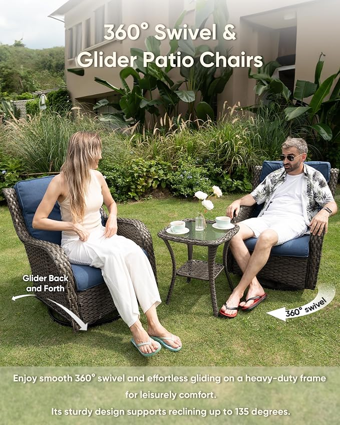 HUMMUH 5 Piece Outdoor Patio Furniture Set Wicker Conversation Bistro Set Swivel Rocking Chairs with Side Table and Ottomans for Backyard, Porch, Balcony