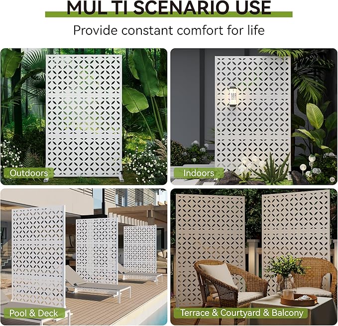 Heavy-Duty Outdoor Privacy Screen for Patio, Balcony, Backyard - 72" H * 44" W Metal Room Divider with Classic Clover Pattern, Anti-Tipping Kit, Weather Resistant, Easy Assembly (White-SYC)
