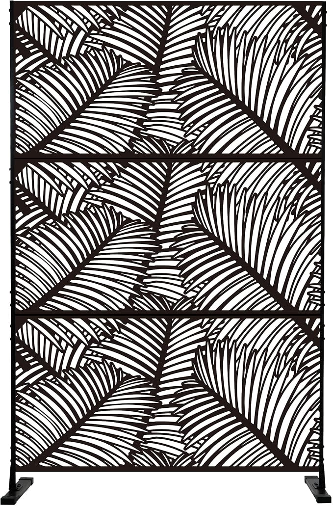 Kozyard Metal Privacy Screen 74" H x 47.2" W Decorative Outdoor Divider with Stand Panels Freestanding Screen Set for Deck Patio Balcony Garden Outdoor&Indoor (Black/Palm Leaf)