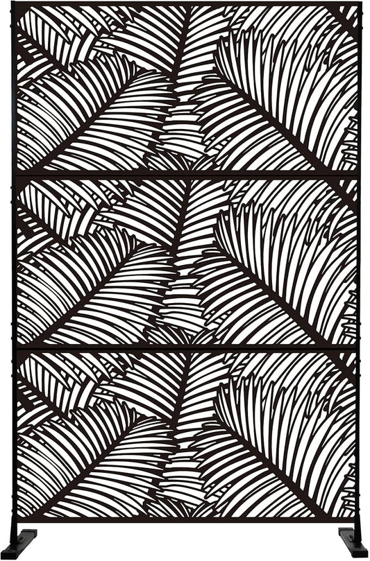 Kozyard Metal Privacy Screen 74" H x 47.2" W Decorative Outdoor Divider with Stand Panels Freestanding Screen Set for Deck Patio Balcony Garden Outdoor&Indoor (Black/Palm Leaf)
