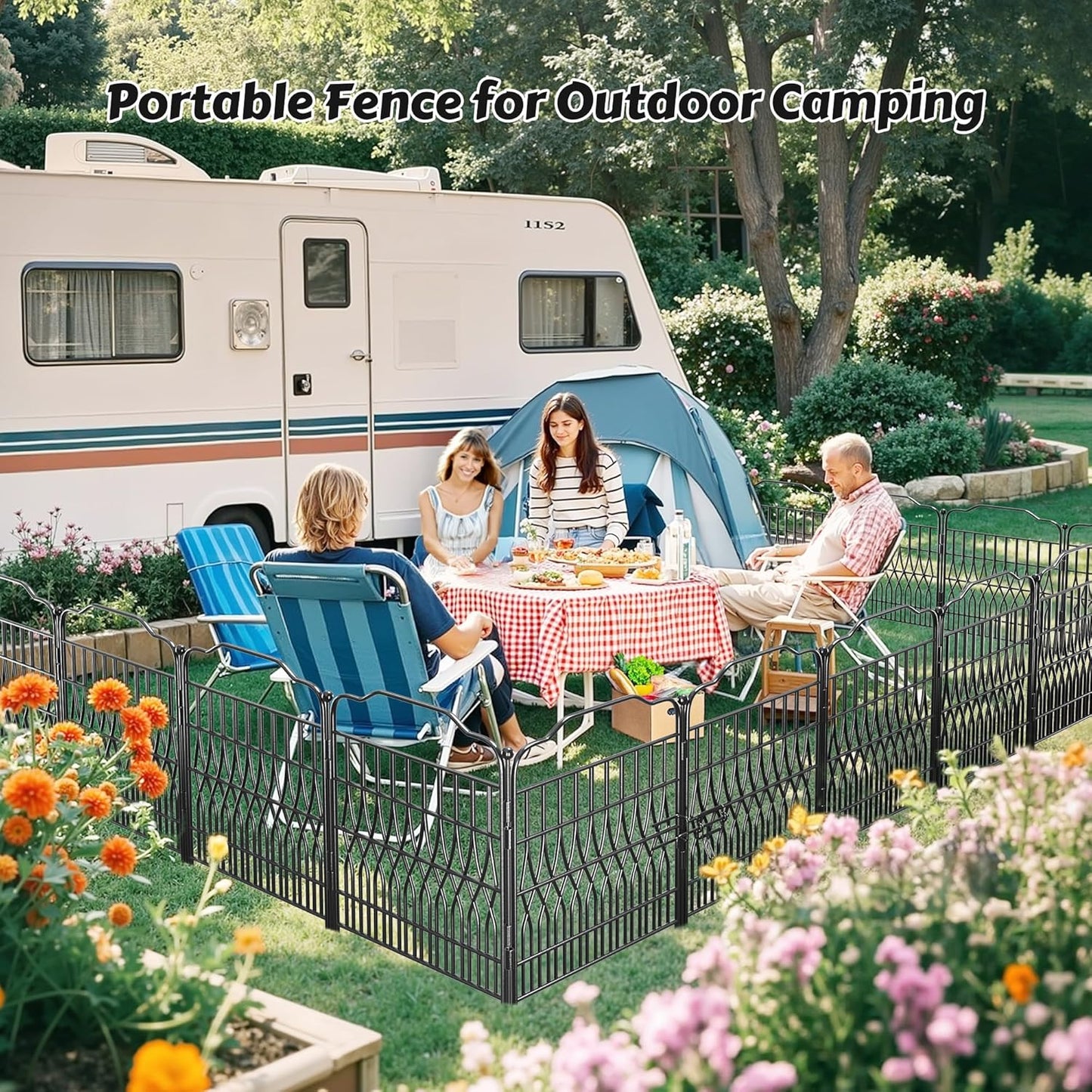 Bepatio 5 Panels Garden Fence with Latch, 27.6in (H) x 9.8ft (L) Dog Fence Outdoor for Yard, Arc Metal Fencing Panels, Animal Barrier Fencing for Outdoor, Patio, Flower Bed