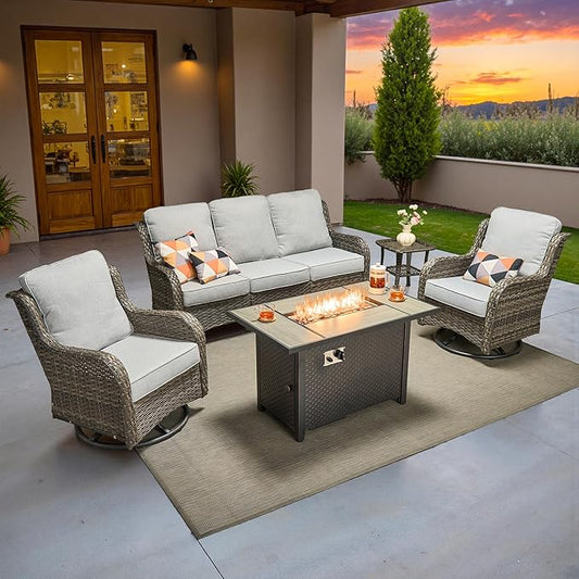 ovios 5 Pieces Patio Furniture Set, Outdoor Wicker Sofa Couch with Swivel Chairs 42" Fire Pit Table, High Back All Weather Modern Conversation Sets, Grey Rattan, Grey