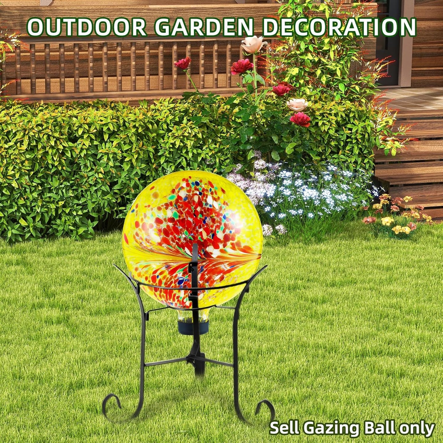 VOREEN 10-Inch Glass Gazing Ball, Outdoor Gazing Globe, Handmade Reflective Ball Yard Decoration for Homes, Patio, Lawn and Gardens, Gift for Mom Wife Friend, Phoenix Tail Design, Yellow