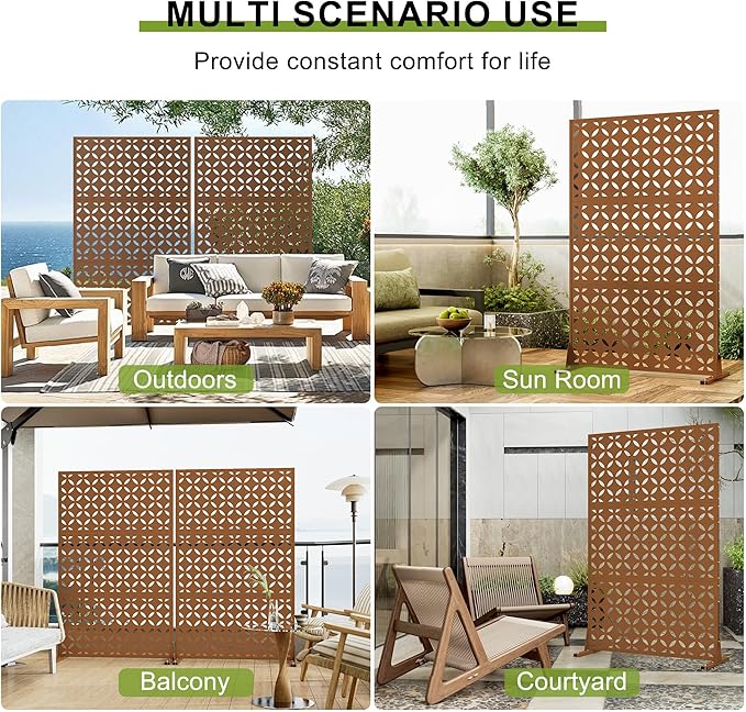 Heavy-Duty Outdoor Privacy Screen for Patio, Balcony, Backyard - 72" H * 44" W Metal Room Divider with Classic Clover Pattern, Anti-Tipping Kit, Weather Resistant, Easy Assembly (Browm-SYC)