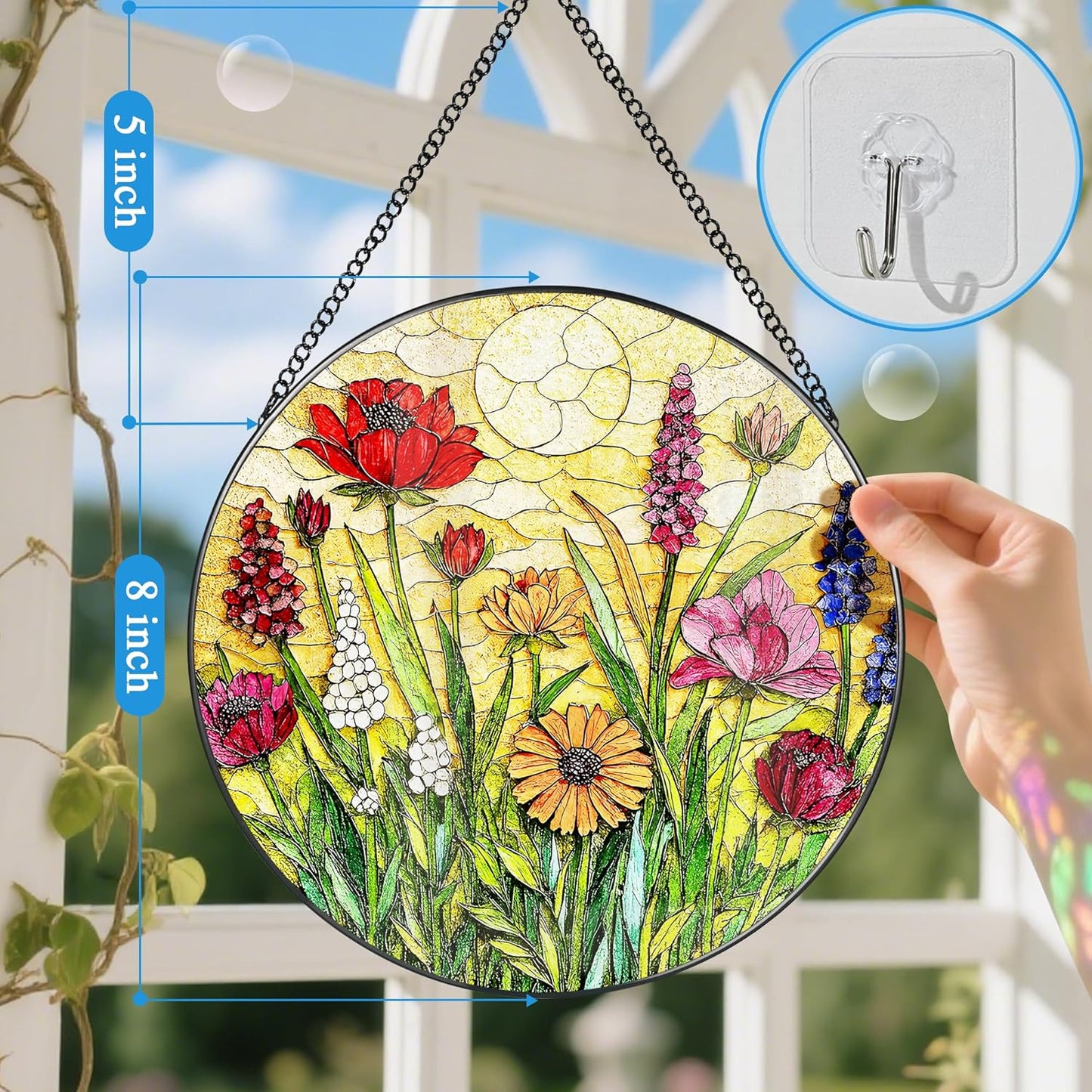Stained Glass Window Hanging, 8 Inch Wildflower Stained Glass Suncatcher, Colorful Floral Window Hanging, Home Decor for Windows, Flower Lover Gifts, Garden Lover Gift, Gifts for Women, Mom, Grandma