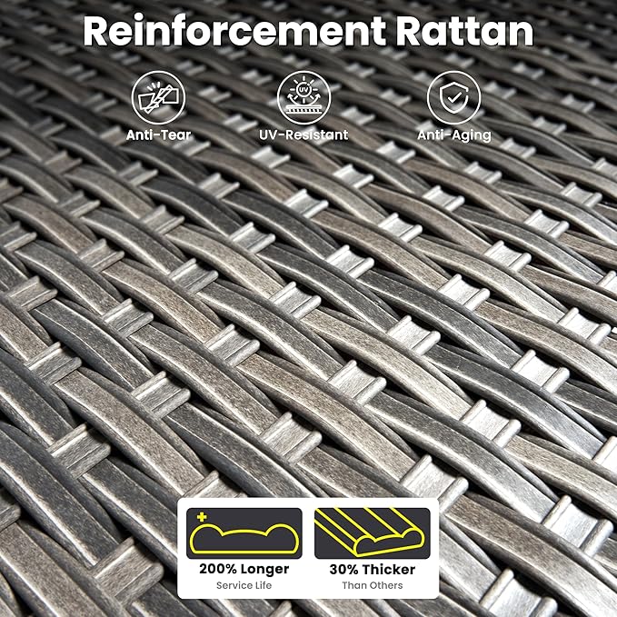 ovios 10 Pieces Patio Furniture Set, Outdoor Wicker Sofa Couch with Rocking Swivel Chairs Solar Lights Table Fire Pit, Modern Deep Seat Rattan Conversation Sets, Denim Blue