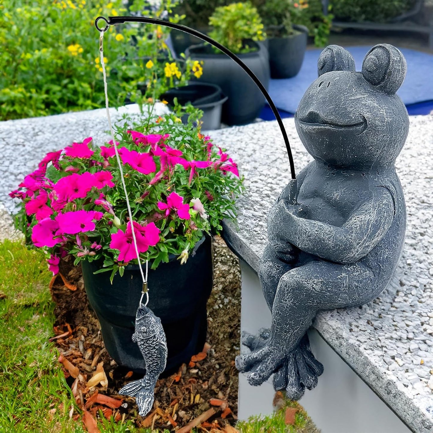 9.5" Fishing Frog Stone Look Sculpture, Whimsical Lawn Yard Art, Funny Garden Pond Fisherman Statue, Resin Animal Decorative Figurine, Ideal for Frog Fishing Lovers