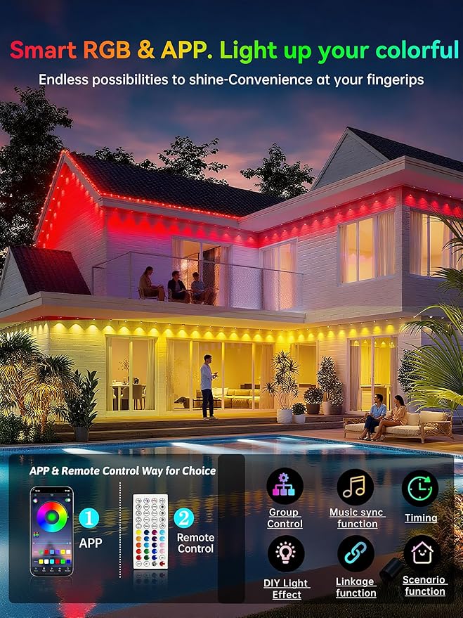 Permanent Outdoor Lights, 250FT RGB IP67 Waterproof Eaves Lighting, Smart LED Outside House Lights with App/Remote Control for Halloween, Christmas Decor, Holiday, Party, Daily, All Year-Round