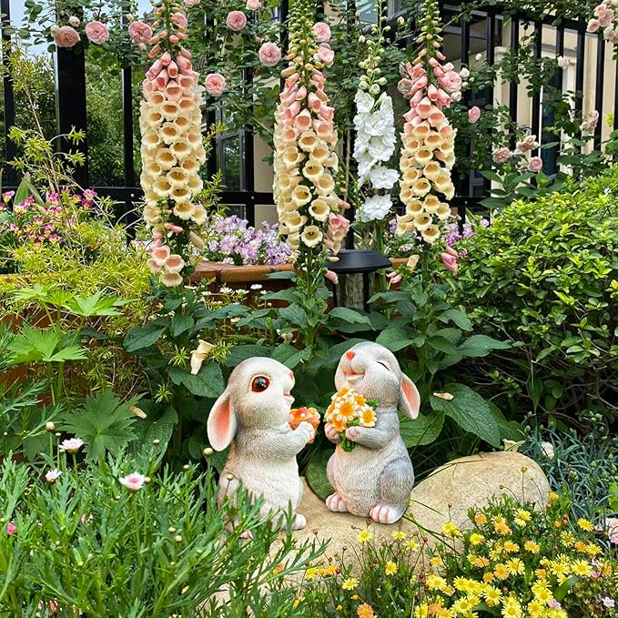 Solar Rabbit Garden Statues Outdoor Bunny Decor Resin Rabbit Figurine Holding Sunflower with LED Lights for Proch Patio Lawn Yard Christmas Housewarming Gardening Gifts for Mom Grandma