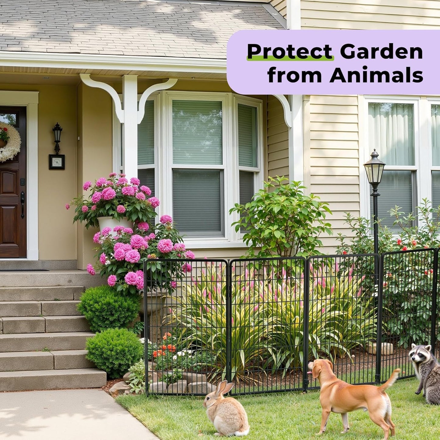 Doorless Garden Fence 32 in(H) x 4.5 ft(L) 2 Panels, Heavy Duty Metal Animal Barrier Fence, No Dig Fence for Dogs, Rabbit Fence for Garden, Black