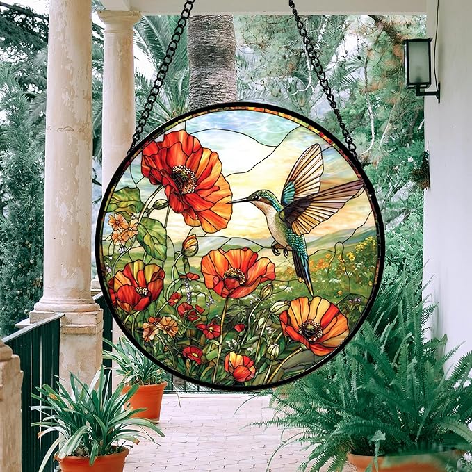 Stained Glass Window Hanging, Hummingbirds Orange Flowers Suncatcher Diamond Glass Panel Hangings Sun Catchers Decor for Birthday for Women, Men, Wife, Aunt, and Mom 14.9 in