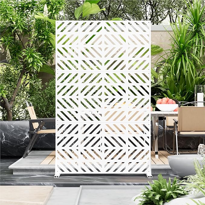 Metal Privacy Screen for Outdoor Freestanding Privacy Screens, 72" H x 44" W White Fence Panels with Stand, Patio Metal Screens for Outside Outdoor Divider Deck Balcony Garden and Indoor