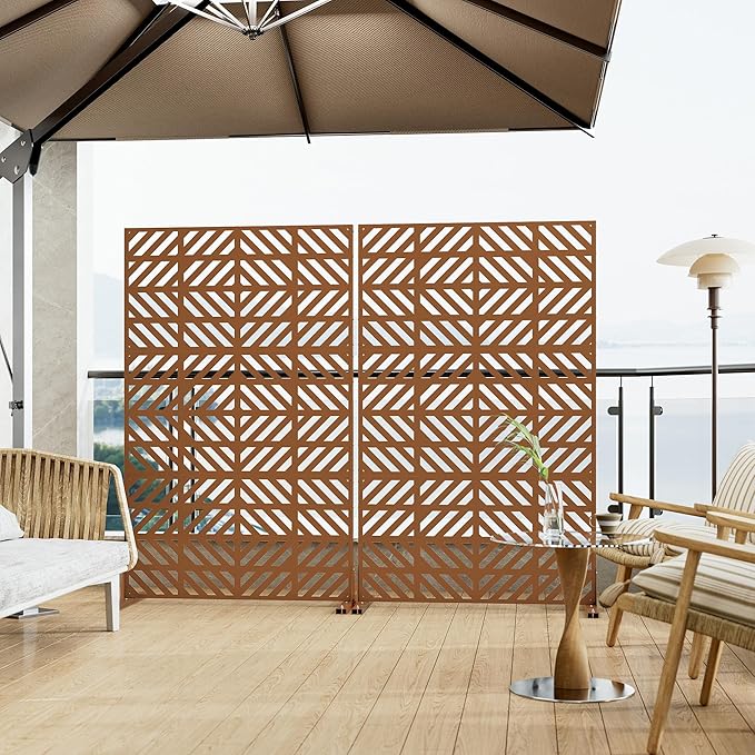 Heavy-Duty Outdoor Privacy Screen for Patio, Balcony, Backyard - 72" H * 44" W Metal Room Divider with Geometric Pattern, Anti-Tipping Kit, Weather Resistant, Easy Assembly (Raw Umber-FGXPF)
