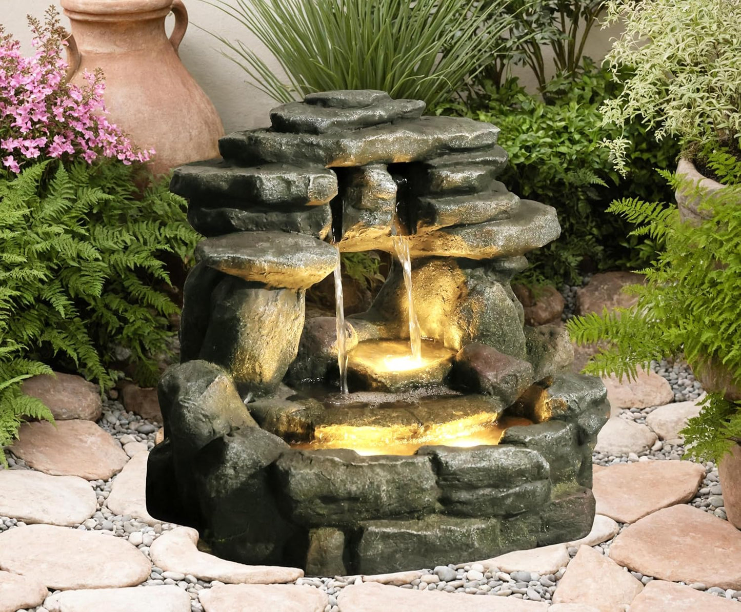 15.6''H Small Rock Water Fountain Outdoor&Indoor, 3-Tier Garden Waterfall with Warm Lights and 2 Flows for Patio, Backyard, Deck, Porch, Home DéCor, Stone Gray