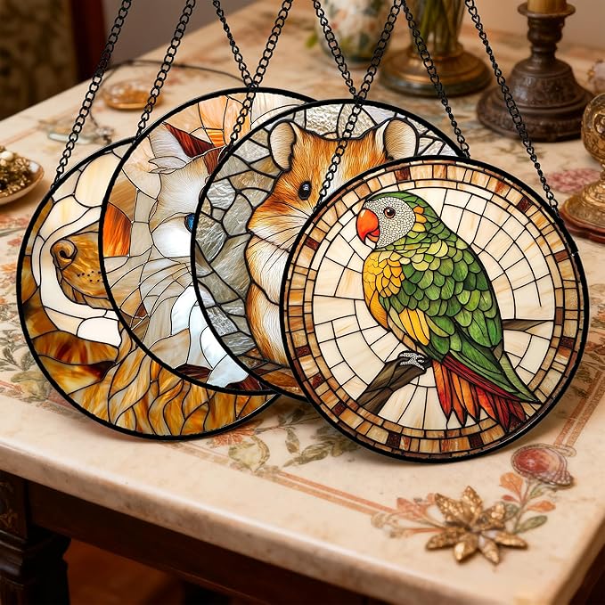 Stained Glass Window Hanging 4 Pcs Set Cute Cat and Dog Large 15" - Animal Suncatcher Door Garden Sun Catcher Decor Birthday Mother's Day for Mom Woman Nana Girl Boy Friend