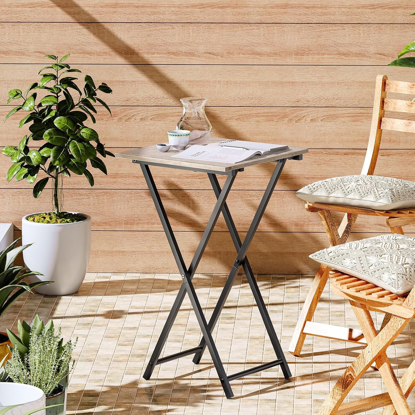HOOBRO Folding TV Tray Table, Wooden TV Tray, Portable Sofa Side Snack Table, Industrial Desk for Small Spaces, Space-Saving, Easy to Install and Fold, Greige and Black BG27BZ01