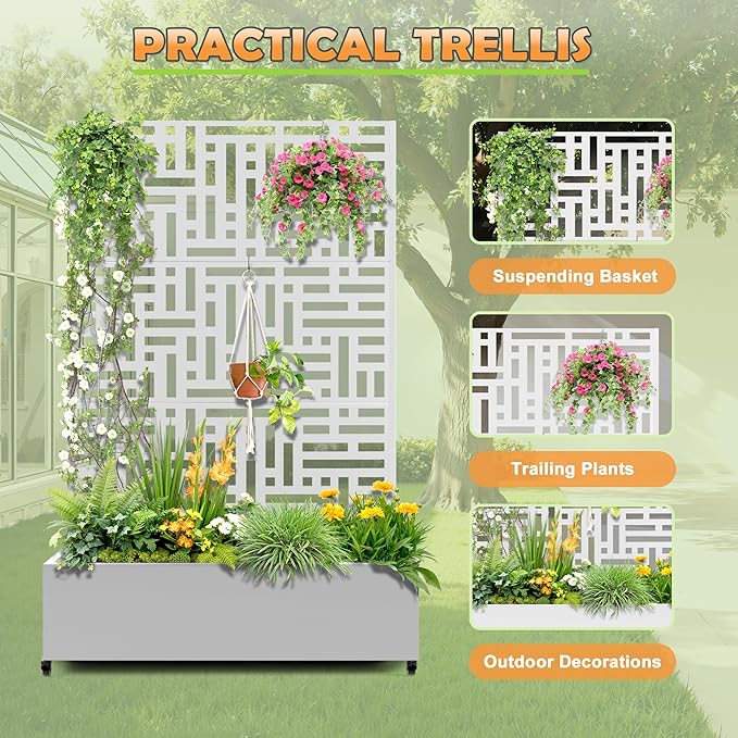 Metal Raised Garden Bed with Trellis, 2-in-1 Planter Box & Privacy Screen for Climbing Plants, Outdoor Standing Flower Bed with Drainage Holes, 47.2" L x 16.7" W x 70.8" H, White-Helen