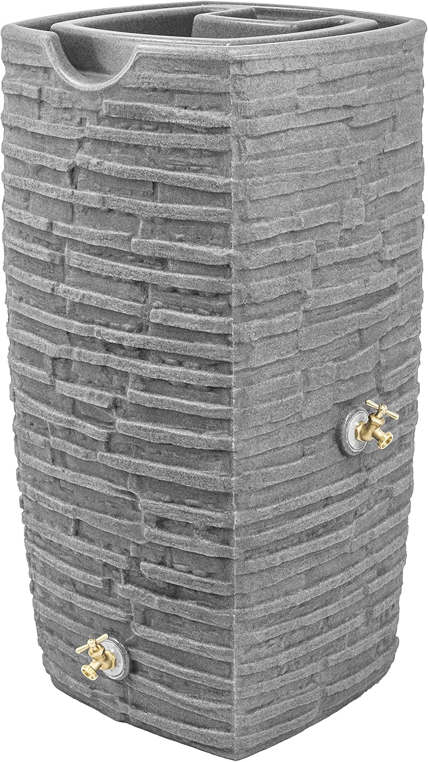Good Ideas Impressions Riverwalk Rain Water Collection Barrel, Dark Granite, 50 Gallon - Faux Slate Rock Rainwater Catcher, Plastic Storage Drum with Dual Robust Metal Spigots & Fine Mesh Screen