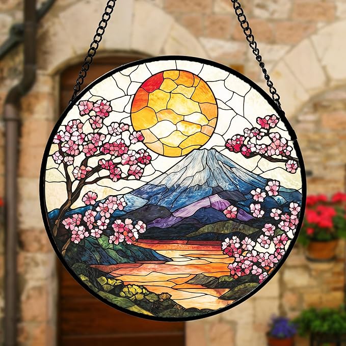 Stained Glass Window Hanging, Sun Blooming Cherry Blossoms Suncatcher Diamond Glass Panel Sun Catchers Decor for Birthday for Women, Men, Wife, Aunt, and Mom 6.3 in
