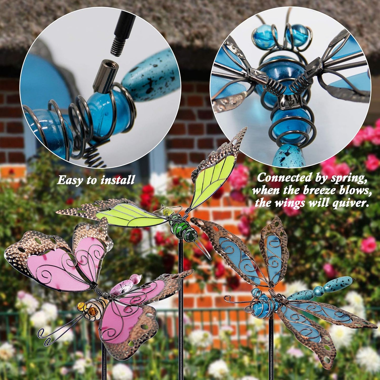 Juegoal 34 Inch Butterfly Garden Stakes Decor, Dragonfly Hummingbird Stakes, Glow in Dark Metal Yard Art for Mom, Mothers Day Ideal Gifts, Indoor Outdoor Lawn Pathway Patio Ornaments, Set of 3