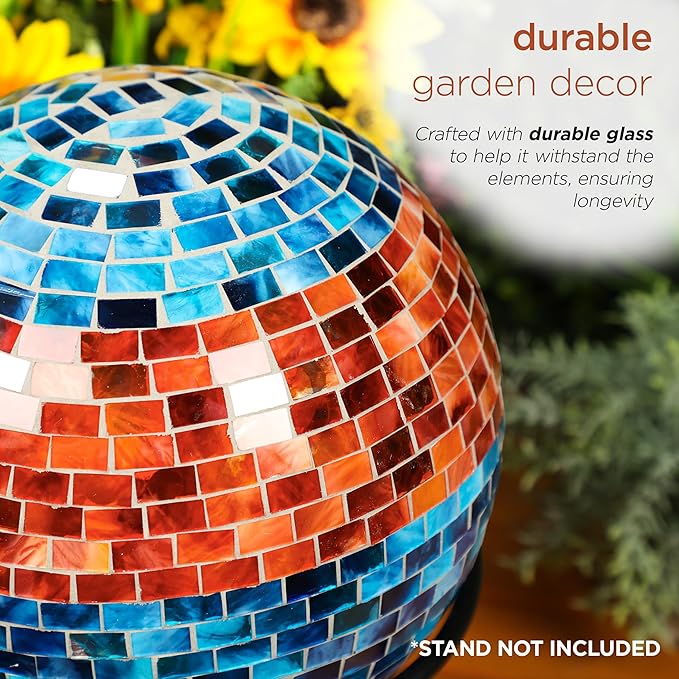 Alpine Corporation HGY292 Striped Mosaic Gazing Globe, Stylish Décor for Garden, Patio, & Lawn, 12" H, Orange and Turquoise