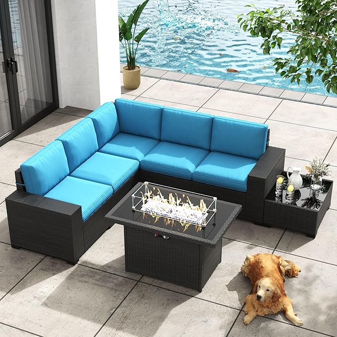 Patio Furniture Set with Fire Pit Table, 7 Pieces Outdoor All-Weather Wicker Conversation Sectional Chair Sofa Set