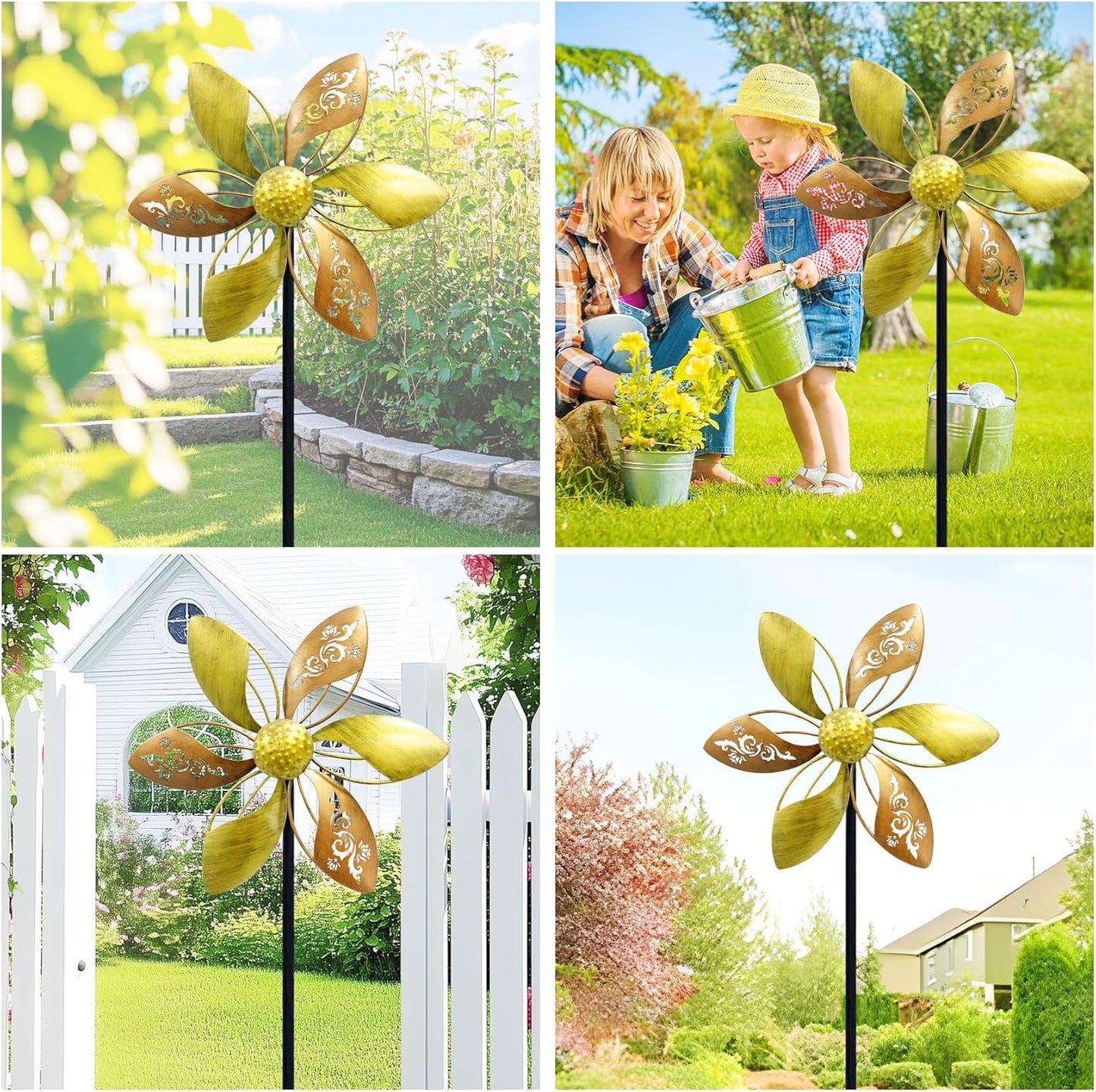 Wind Spinners Outdoor Metal, 10.63" W*37" H Pinwheels for Yard and Garden Decor, Kinetic Wind Sculpture Spinner (Gold Ornate Laser-Cut Floral)