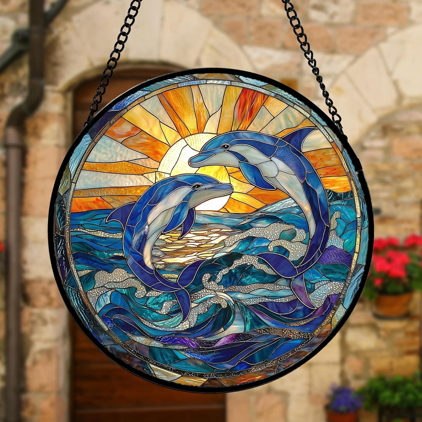 Stained Glass Window Hanging, Blue Dolphin Sun Catchers Colorful Glass Panel Sunrise Sea View Suncatcher Decor for Birthday for Women, Men, Wife, Aunt, and Mom 7.8 in
