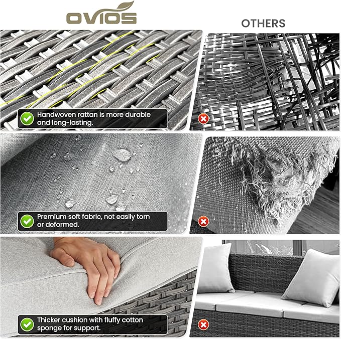 ovios 5 Pieces Patio Furniture Set, Outdoor Wicker Sofa Couch with Swivel Chairs 42" Fire Pit Table, High Back All Weather Modern Conversation Sets, Grey Rattan, Grey