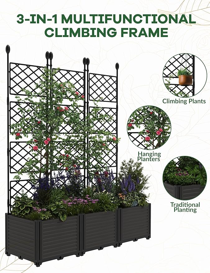 CABIHOME Raised Garden Bed Kit with Trellis, Vertical Planter Box for Balcony Privacy Screen, Small Space Vertical Garden for Climbing Plants & Flowers on Patio and Balcony, Easy Assembly