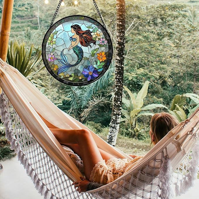 Stained Glass Window Hanging - Light Blue Mermaid Suncatcher for Door Terrace Garden Home Decor, Ocean Flowers Sun Catcher Birthday Gifts for Lovers Women Men Dad Mom Nana 11.8 in