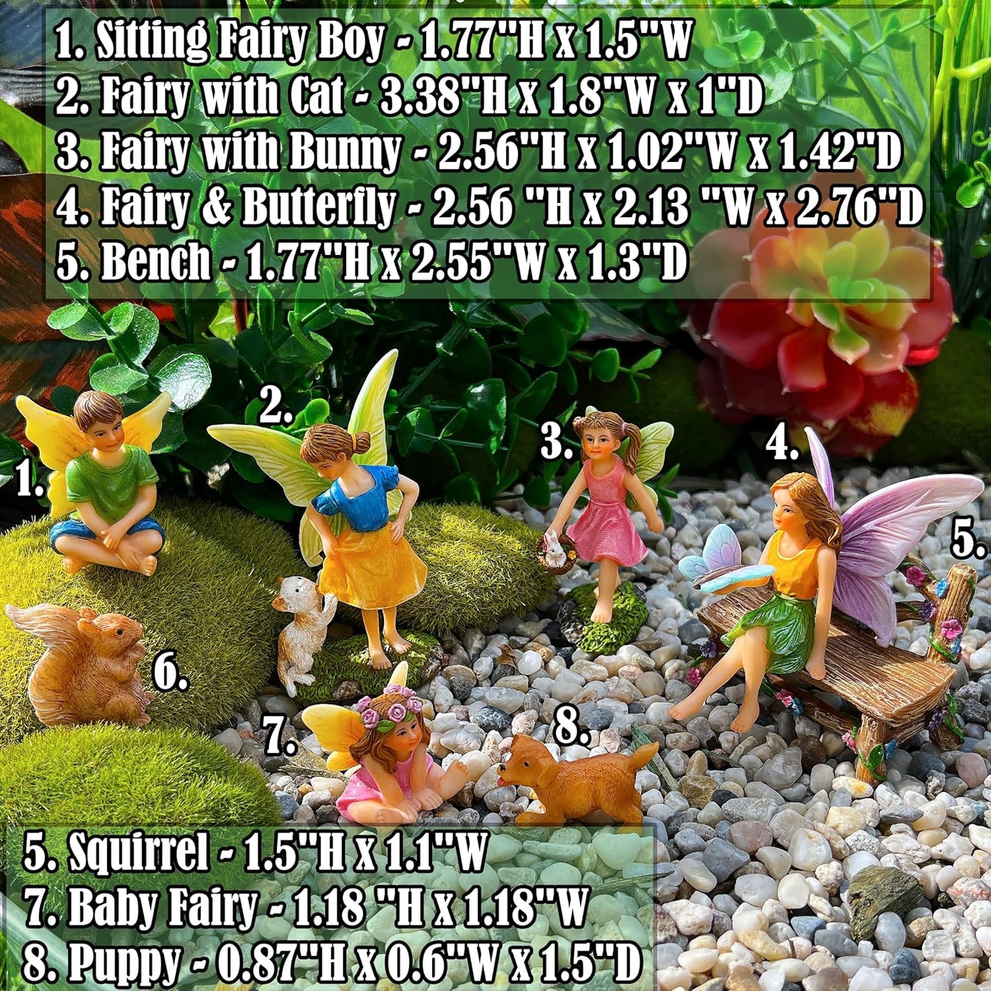 Mood Lab Fairy Garden - Miniature Fairies Figurines with Animals - Statues & Accessories Decor Set of 8 pcs