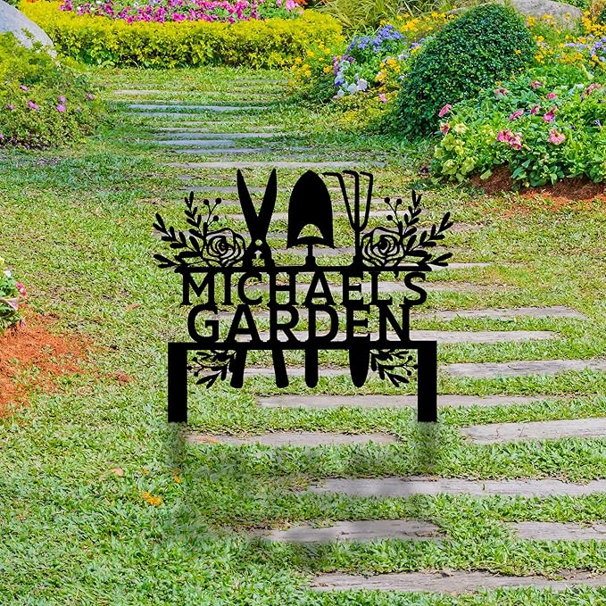 Custom Metal Garden Tools Sign with Stakes, Personalized Garden Name Sign, Yard Art, Patio Decorations, New Home Gift, Garden Decorative, Gardening Tools Sign for Outdoor, Large Housewarming Gift