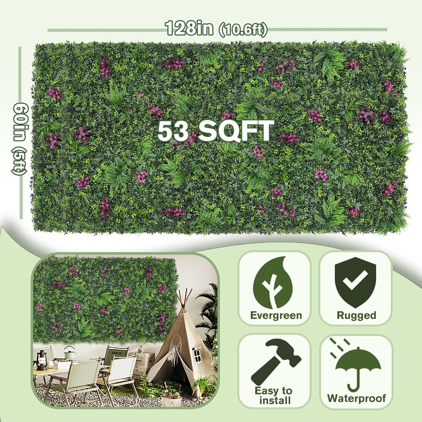 Greenery Grass Wall Boxwood Plant Roll: 60"x128"(53.5 SQFT) with UV Resistant Green Leaves Faux for Interior Panel, Greenery Backdrop,Garden and Indoor Outdoor Wall&Fence Covering Privacy