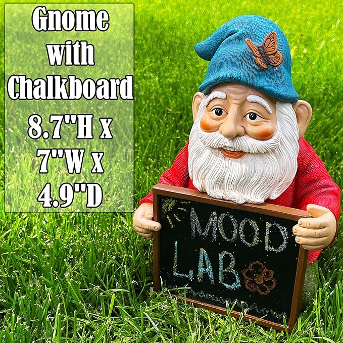 Mood Lab Garden Gnome with Chalkboard Sign - Funny Gnome Statue - 8.7 Inch Tall Lawn Figurine - for Outdoor & House Decor