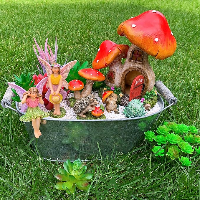 Mood Lab Fairy Garden - Mushroom House Set of 6 pcs - Miniature Figurines & Accessories Kit - for Outdoor or House Decor