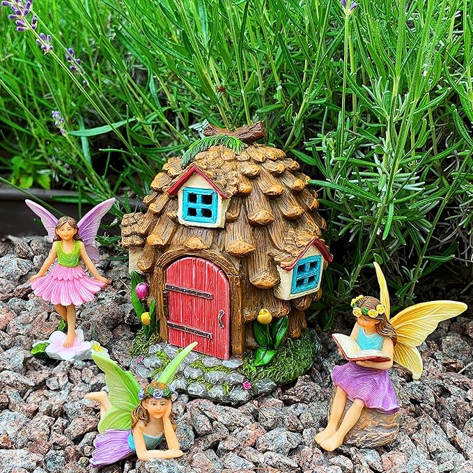 Mood Lab Fairy Garden - Pinecone Fairy House Kit of 4 pcs - Miniature Figurines & Accessories Set - Outdoor or House Decor