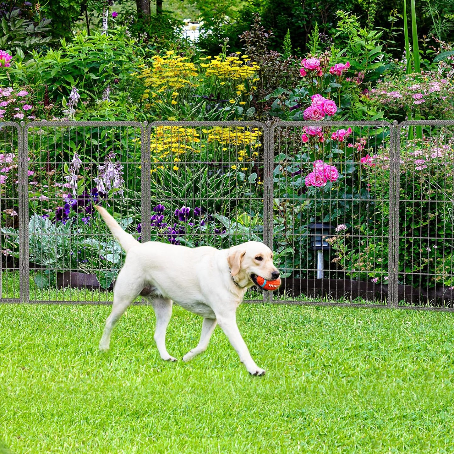 FXW Garden Fence Outdoor for The Yard – 40in(H) x 36.4ft(L) Heavy Duty Metal Animal Barrier for Dog and Rabbit, Decorative Dog Fence, 16 Panels, Silver
