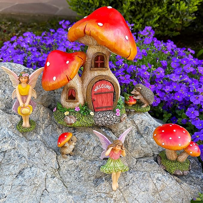 Mood Lab Fairy Garden - Mushroom House Set of 6 pcs - Miniature Figurines & Accessories Kit - for Outdoor or House Decor